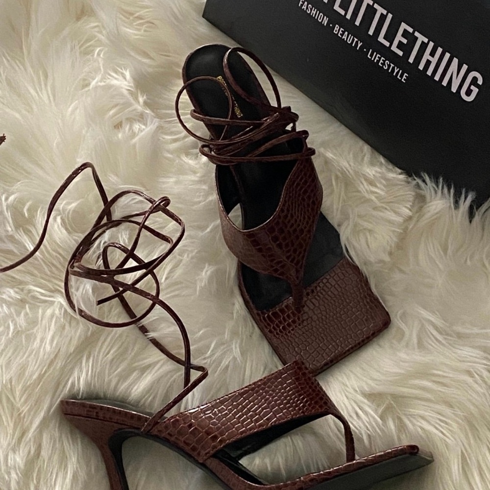 PrettyLittleThing Croc-Embossed Brown Heels